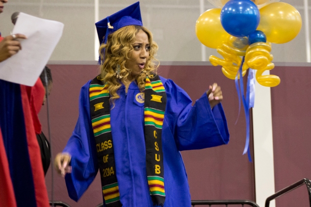 Adriana Vega/The Runner Graduating Senior, Breane Brothers celebrates after being awarded her Kente Stole at CSUB’s Black Graduates recognition Ceremony in the Student Recreation Center, May 31.