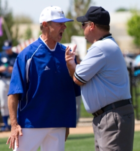 Coach Kernen has some choice words for an umpire. (Photo: Brady Cabe/Runner file photo)
