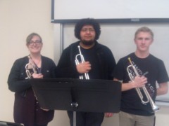 From L -R Annie Davis, 19, Music Education, Martin Mejia, 20, Music Education, and  Jeff Rogers, 19, Music Education strike a pose after their first rehearsal of Winter Quarter 2014  