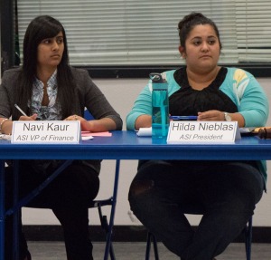 Juana Martinez/The Runner Board members Navi Kaur, VP of Finance, and Hilda Nieblas, President,  during their meeting that was held on campus inside the Student Union’s multipurpose room on Friday, May 16.
