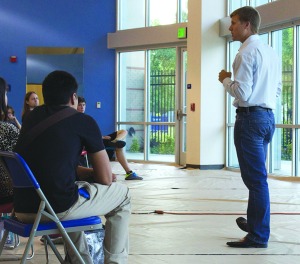 Bre Williams/The Runner Professor Adam Pennell addresses students who came to the Wellness Workshop on May 8 about how to be healthy, but also be safe about what they are putting into their bodies. 